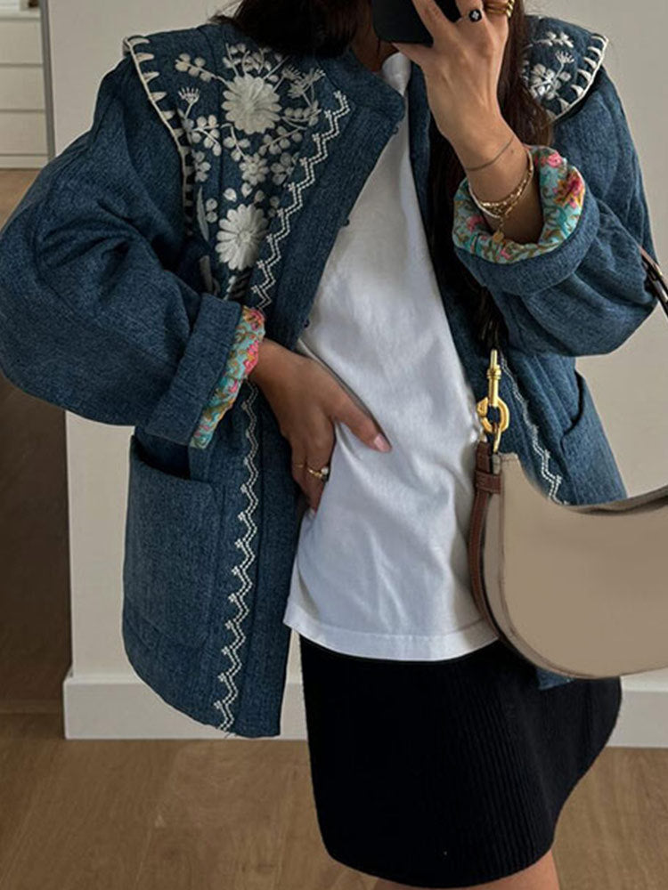 Elegant Blue Printed Lace-up Waist-tight Cotton-padded Jacket
