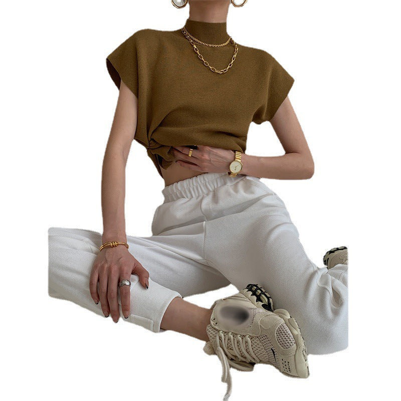 Women's High-neck Knitted Waistcoat T-shirt