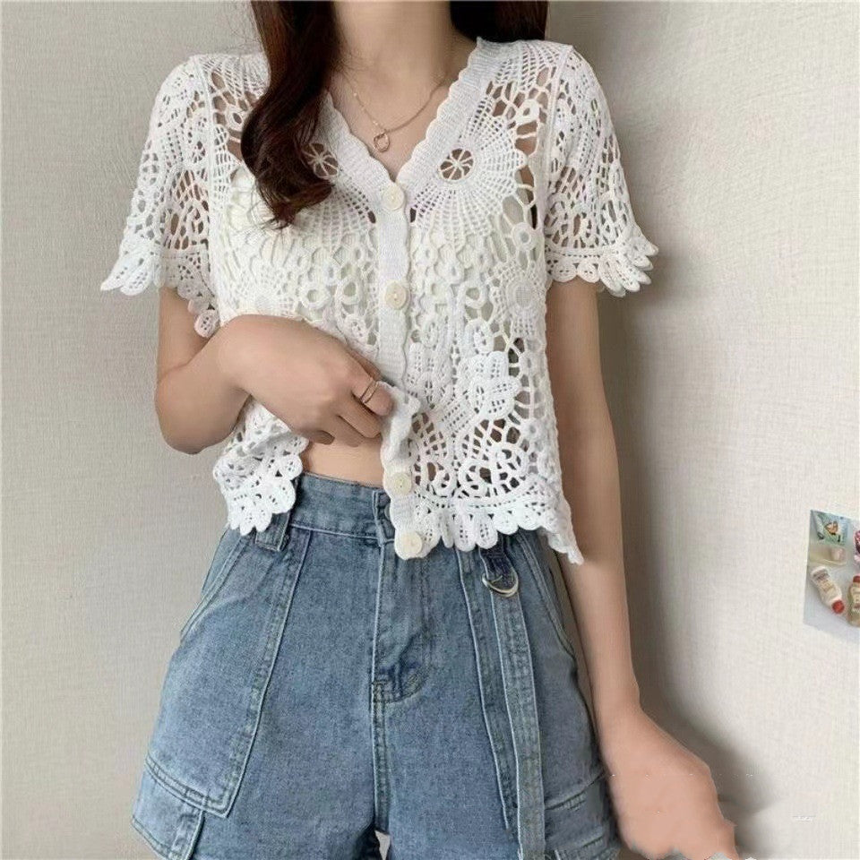 Niche V-neck Hollow Crochet Lace Shirt For Women