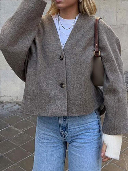 Women's V-neck Long Sleeve Button Short Coat