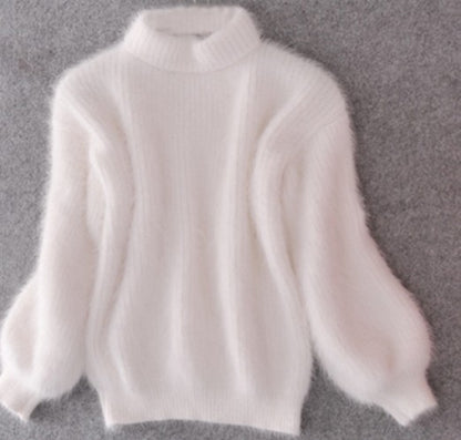 Faux Mink Half High Neck Loose Solid Color Sweater