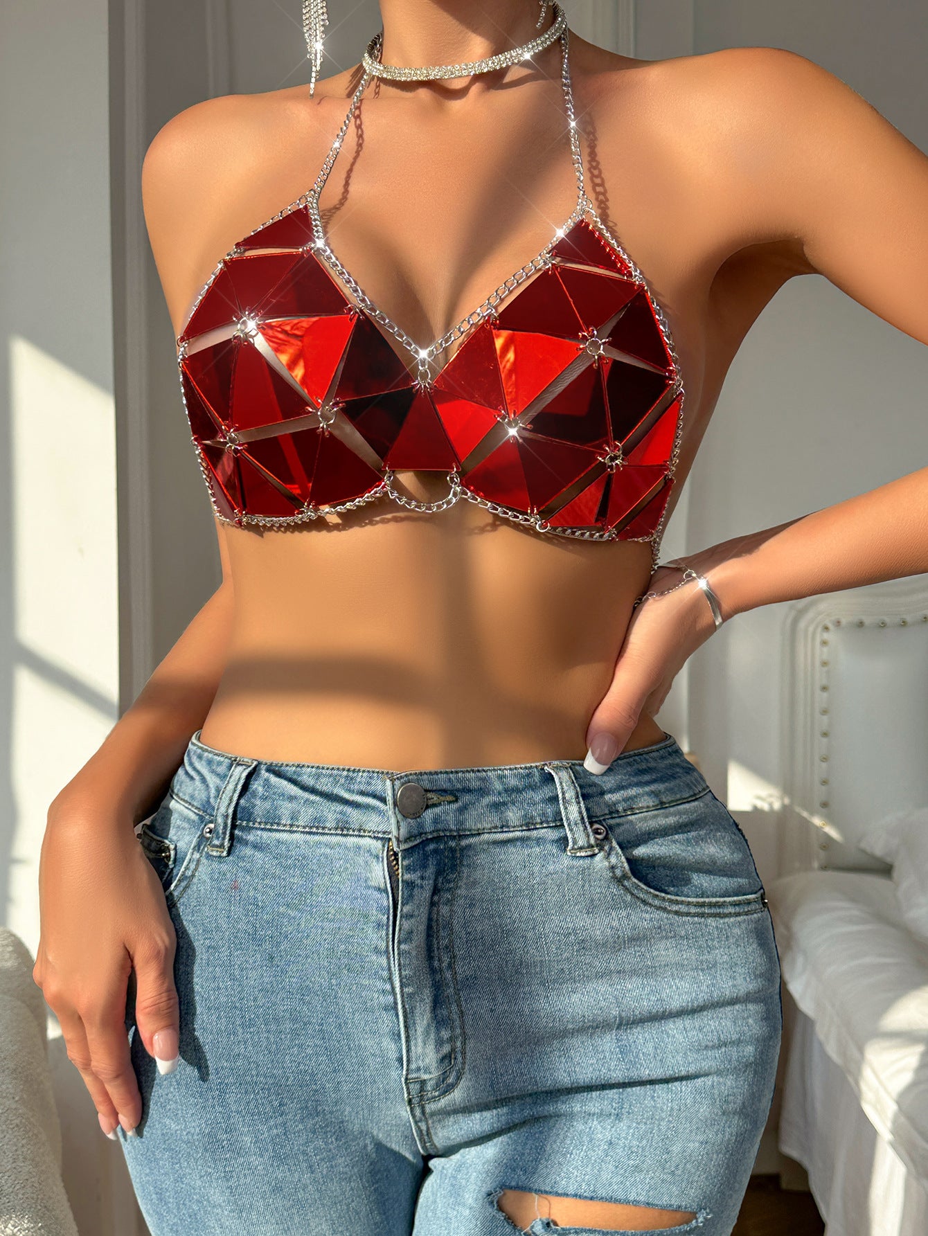 Fashion Nightclub Acrylic Paillette Triangle Stitching Bikini