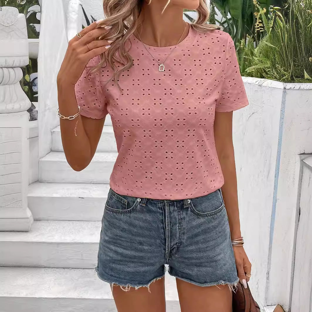 Hollow Jacquard Women's Round Neck Short Sleeve Top