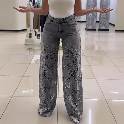 Fashionable Patchwork Denim Jeans For Women With Hollowed-Out Lace Details