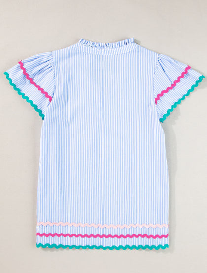 Sky Blue Stripe Ricrac Trim Split Neck Striped Ruffled Sleeve Blouse