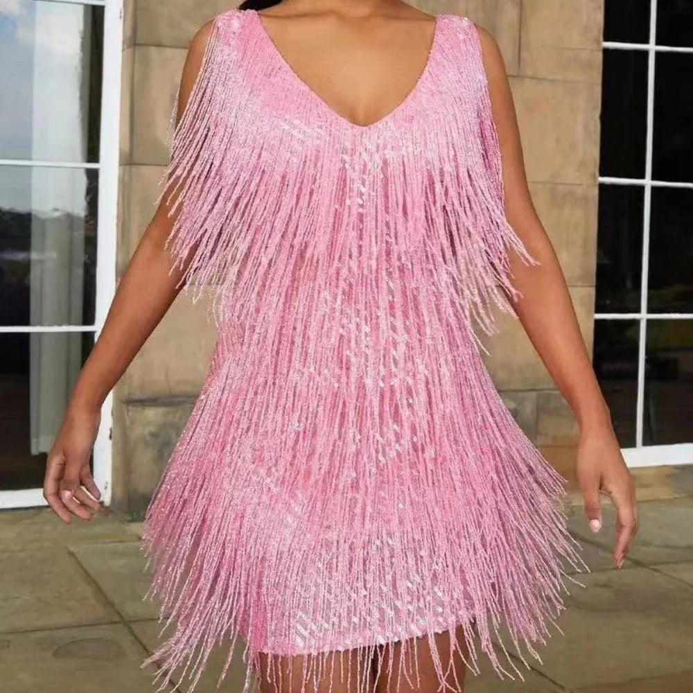 New Women's Deep V Sexy Pencil Fringe Dress