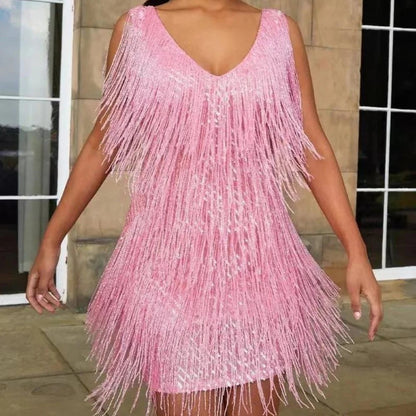 New Women's Deep V Sexy Pencil Fringe Dress