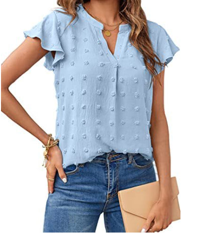 Women's Fashion V-neck Ruffle Sleeve Chiffon Shirt Short Sleeve
