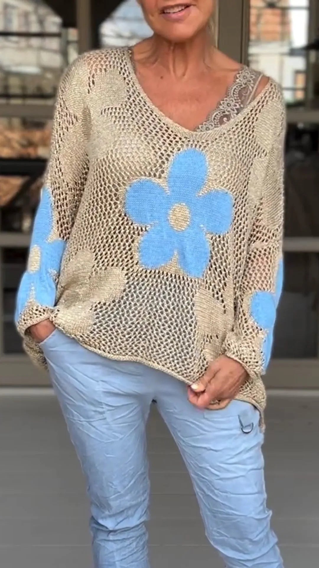 Floral Knitted Hollow Out V-neck Shirt