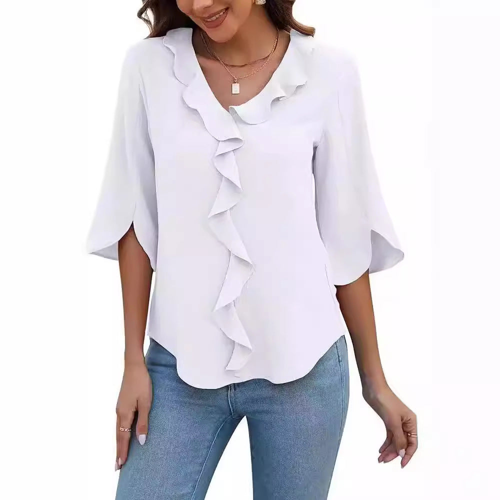 Lady Literature Leisure Commute All-matching Loose All-matching V-neck Flounce Shirt