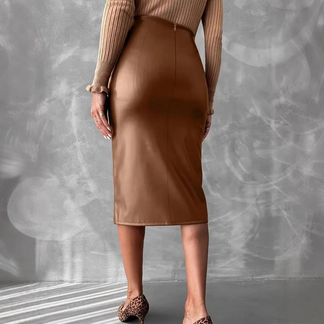 High Waist Slimming All-matching Hip Split PU Leather Skirt