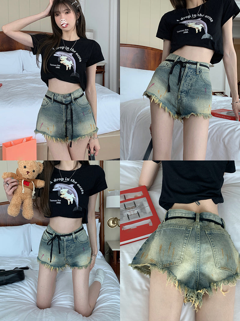 Women's Summer High Waist Vintage Raw Edge Denim Shorts