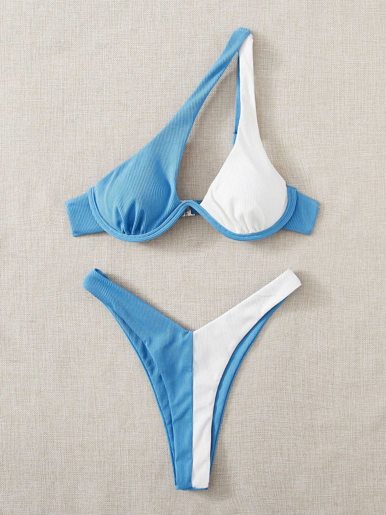 Ladies Split Swimsuit Solid Color One Shoulder Underwire Bikini