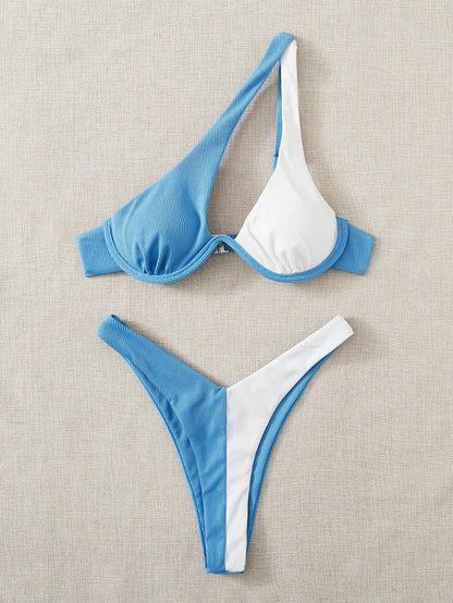 Ladies Split Swimsuit Solid Color One Shoulder Underwire Bikini