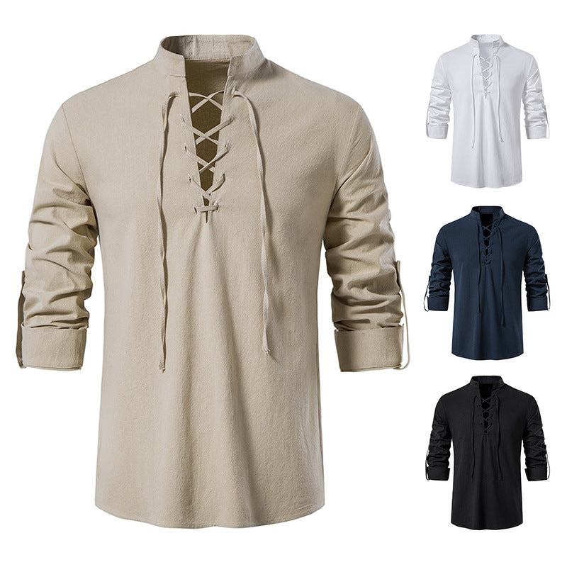 Men's Cotton Linen Long Sleeve Casual Stand Collar Shirt