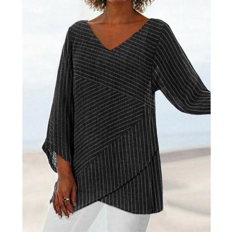 V-neck solid color cross stripes women's long sleeve top