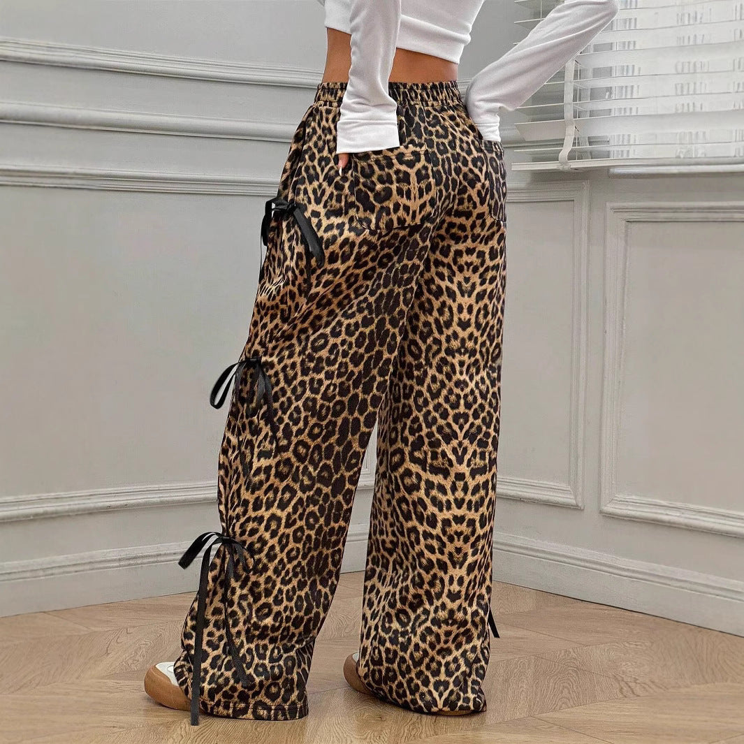 Elastic Waist Solid Color Bow Lace Up Casual Straight-leg Pants