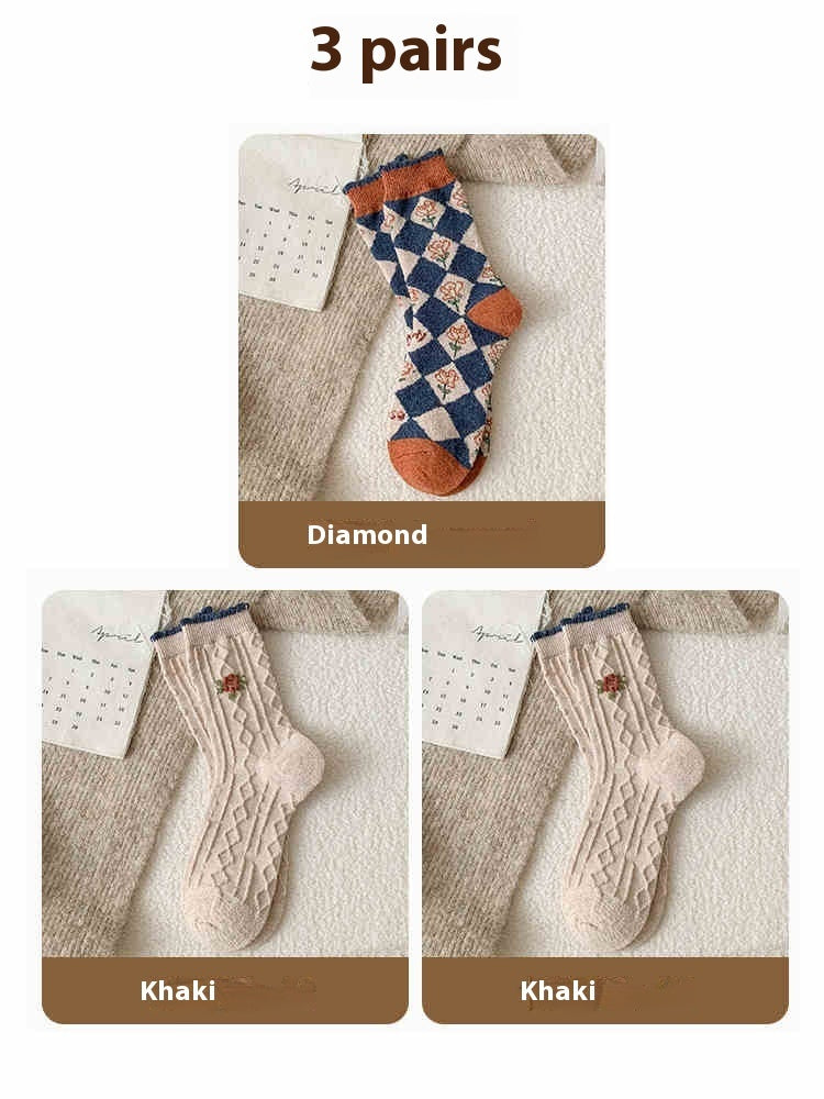 Vintage Small Flower Wool Socks Fleece Lined Padded Warm Keeping Tube Socks