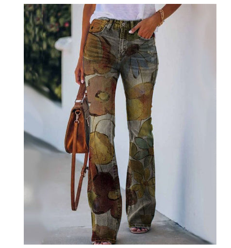 European And American Plus Size Women's Casual Pants Floral Thin Trousers