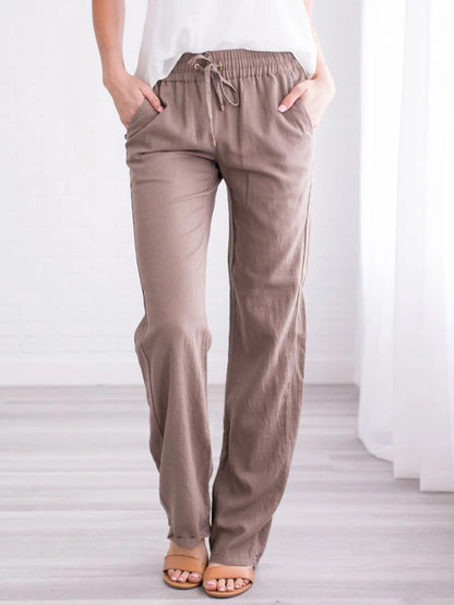 Cotton and Linen Drawstring Loose Casual Wide-Leg Trousers