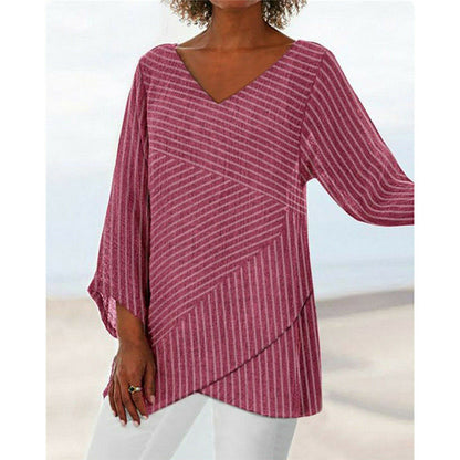 V-neck solid color cross stripes women's long sleeve top