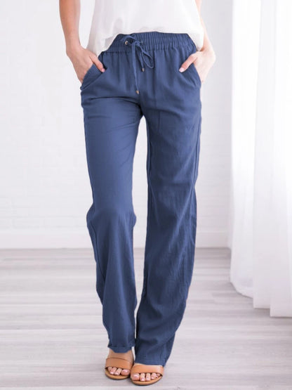 Cotton and Linen Drawstring Loose Casual Wide-Leg Trousers