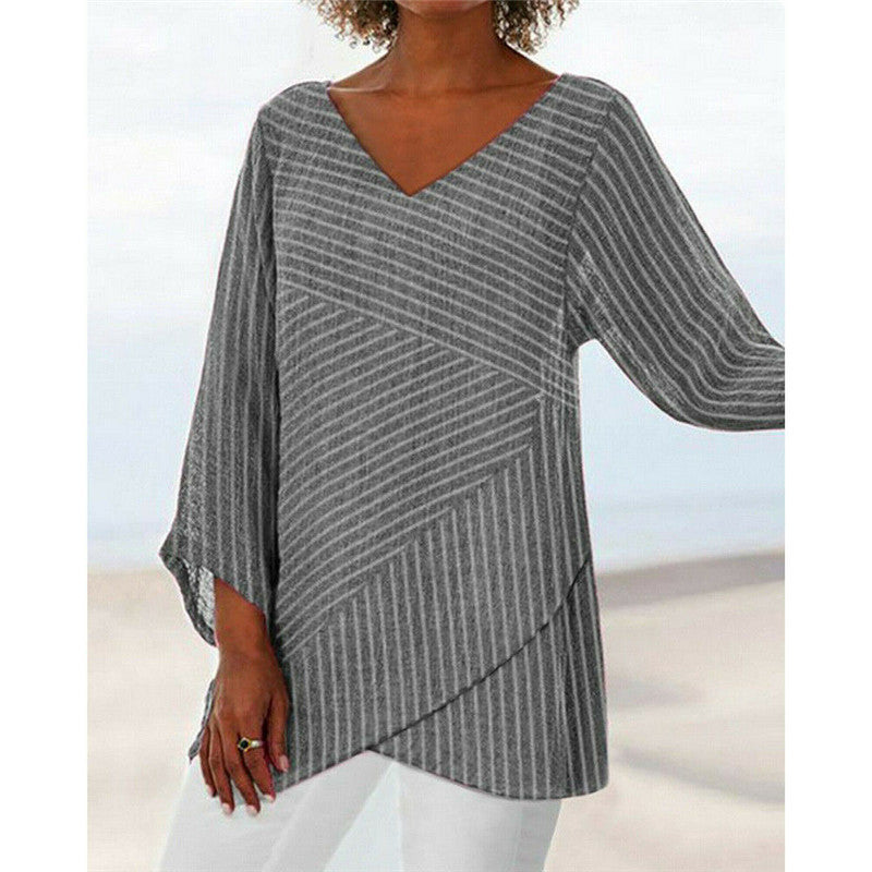 V-neck solid color cross stripes women's long sleeve top