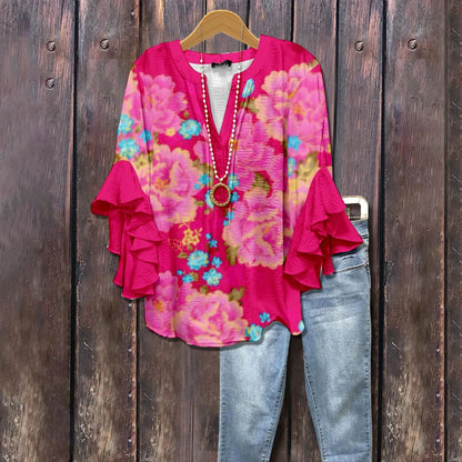 Women's V-neck Fashion Lotus Sleeve T-shirt