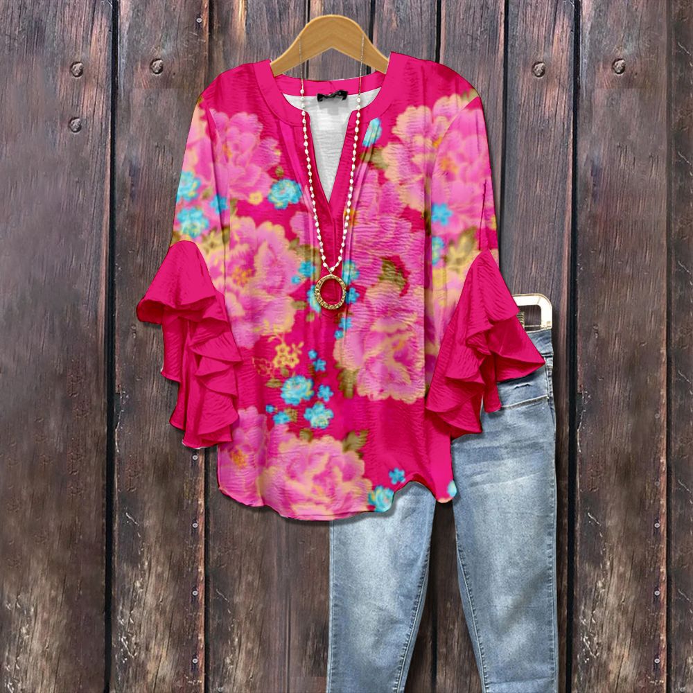 Women's V-neck Fashion Lotus Sleeve T-shirt