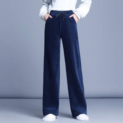 Fashion Straight Solid Pants Casual High Waist Plus Office Lady Elastic Waist Corduroy