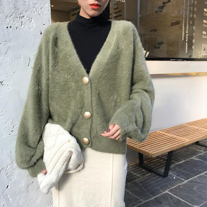 V-Neck Knitted Cardigan Button Mink Like Coat
