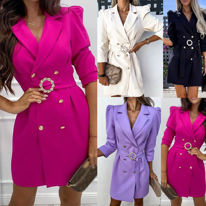 Women's Slim Suit Dress With Bubble Sleeves Lapels