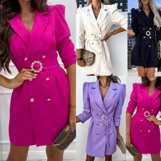 Women's Slim Suit Dress With Bubble Sleeves Lapels