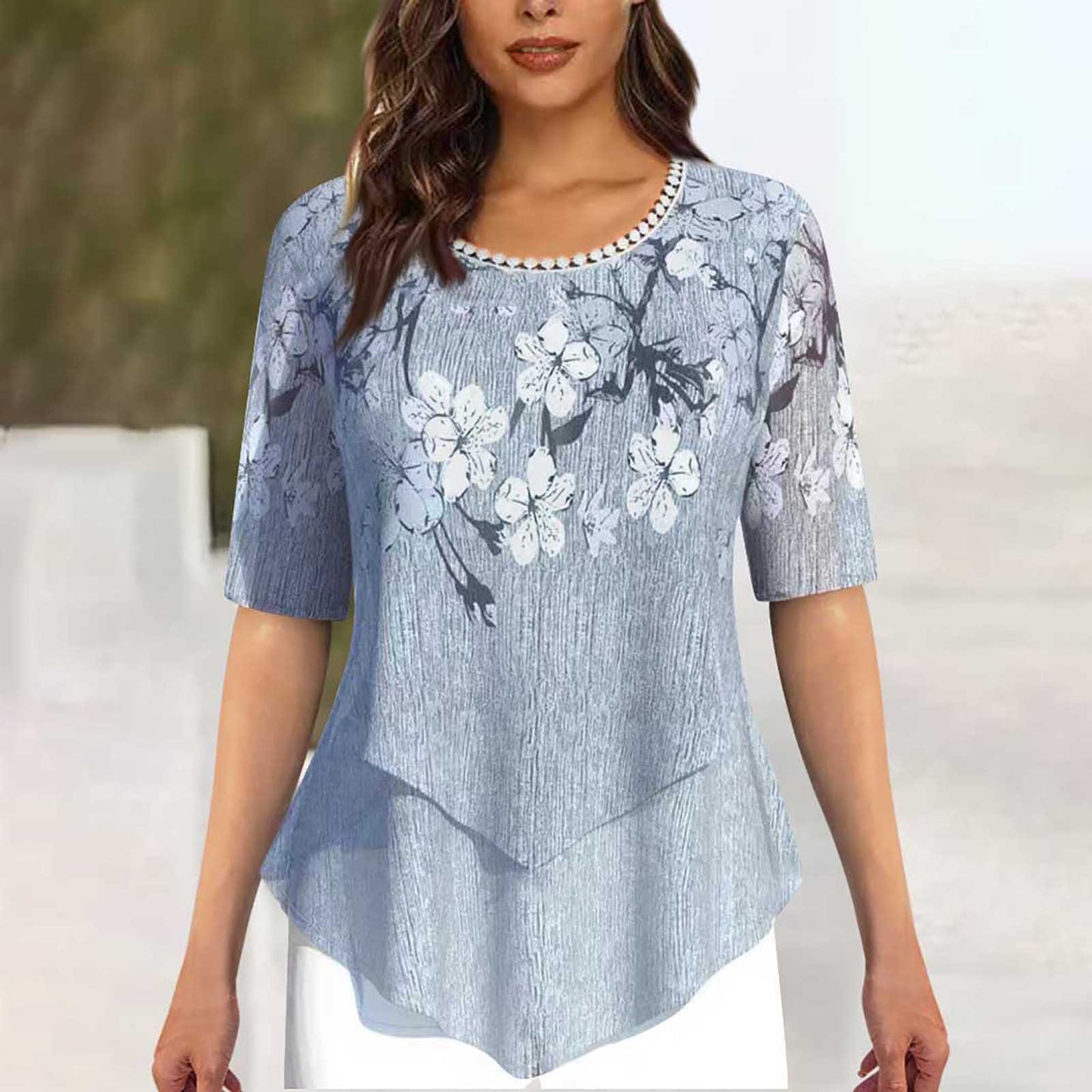 Positioning Printed Round Neck Irregular Short Sleeve