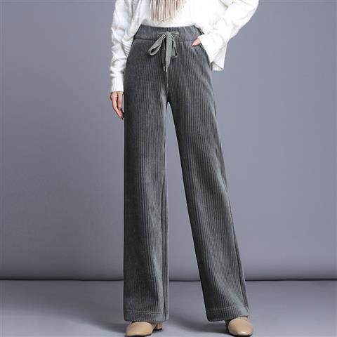 Fashion Straight Solid Pants Casual High Waist Plus Office Lady Elastic Waist Corduroy