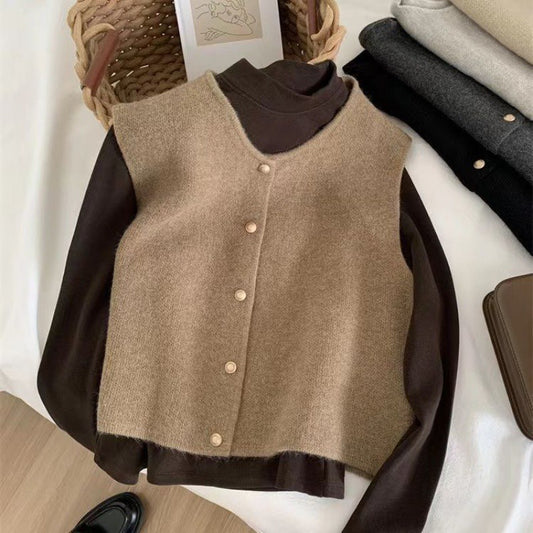 Women's Round Neck Knitted Vest Cardigan