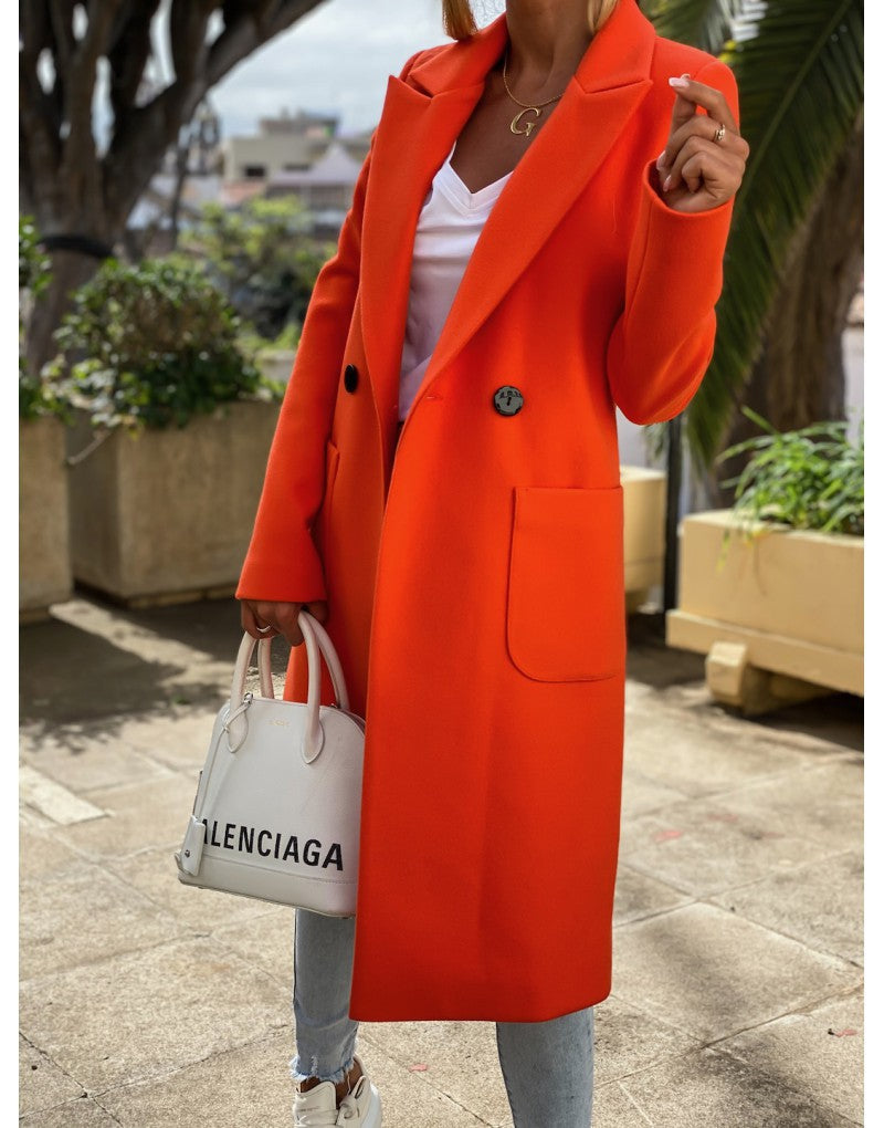 Long candy color lapel woolen coat