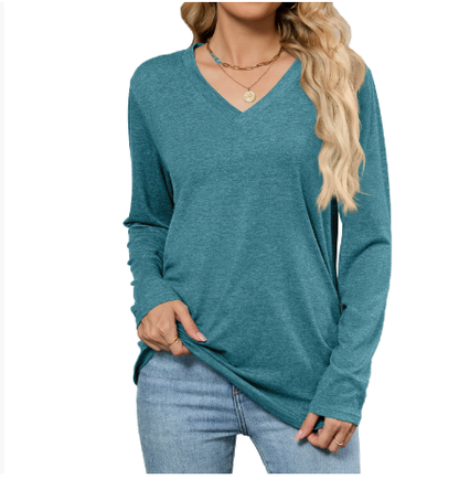 Women's V-neck Long Sleeve Loose T-shirt Shirt