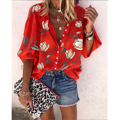 Flower Printed Nine-Sleeve Top Loose Casual Shirt