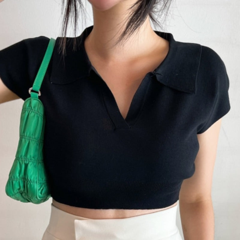 French Simple Polo Collar Short-sleeved Sweater Women Thin Section