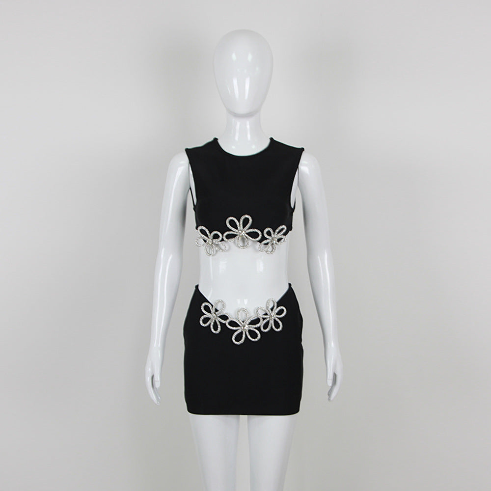 Women's Fashion Cutout Sleeveless Rhinestone Top Skirt Suit Bandage