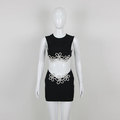Women's Fashion Cutout Sleeveless Rhinestone Top Skirt Suit Bandage