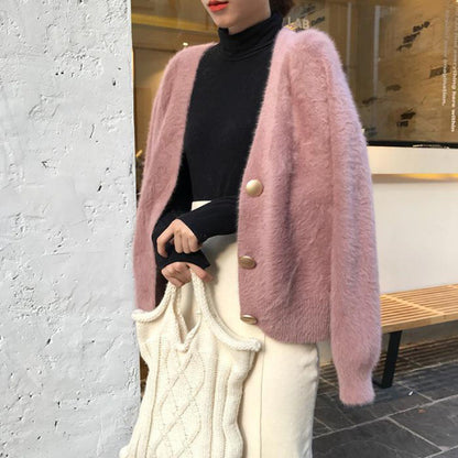 V-Neck Knitted Cardigan Button Mink Like Coat