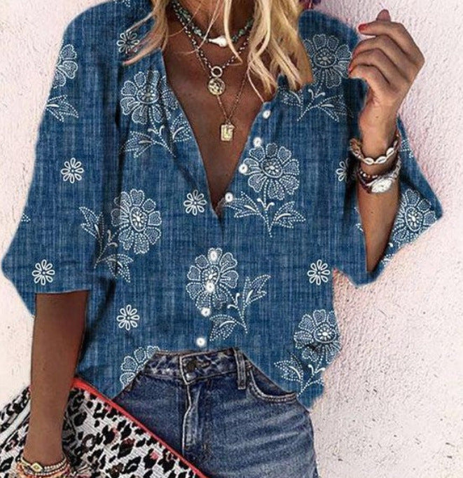 Fashion V-neck 3d Floral Printed Long-sleeved Top