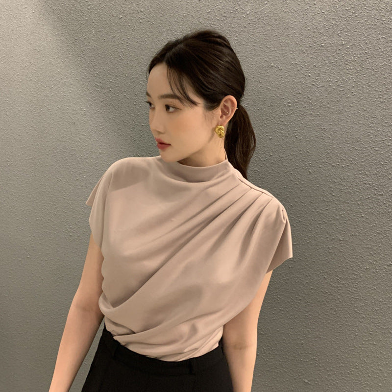 Women's Stand Collar Oblique Pleated Shirt Top