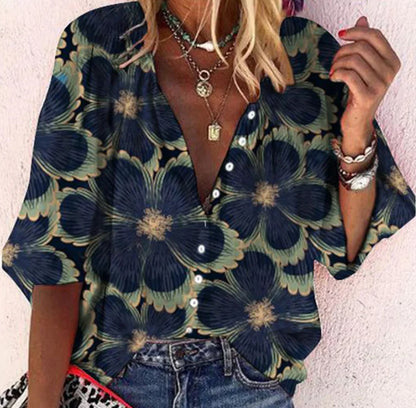 Fashion V-neck 3d Floral Printed Long-sleeved Top