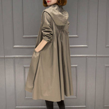 Korean Style Hooded Mid-Length Over-The-Knee Trench Coat