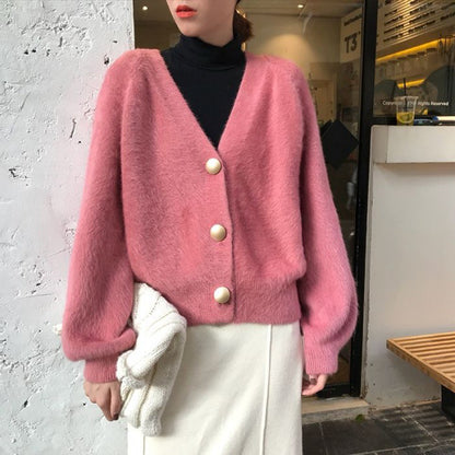 V-Neck Knitted Cardigan Button Mink Like Coat