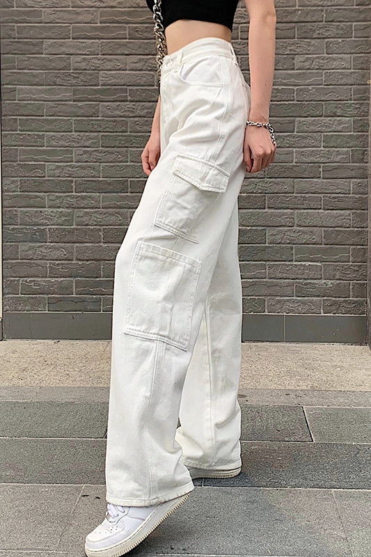 Loose High Waist Japanese Large Pocket Tooling Mopping Trousers