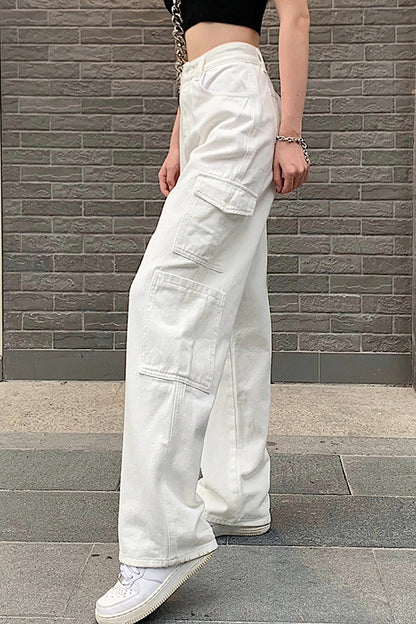 Loose High Waist Japanese Large Pocket Tooling Mopping Trousers